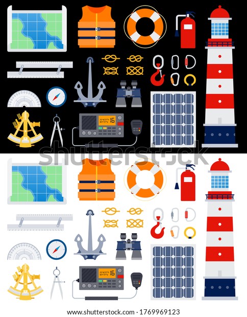 Sailing\
yacht rigging equipment. Lighthouse, anchor, binoculars, lifebuoy,\
life jacket, hook, knots, carbines, compass, map, protractor.\
vector flat icons. Isolated on white and\
black