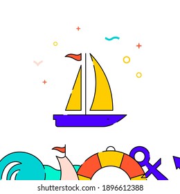 Sailing yacht, sailboat filled line vector icon, simple illustration, water safety and watercraft related bottom border.