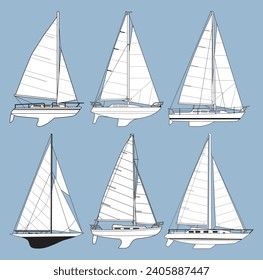 Sailing yacht sailboat model design vector outline drawing collection