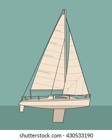 Sailing yacht. Sailboat. Vector drawn flat illustration for club.