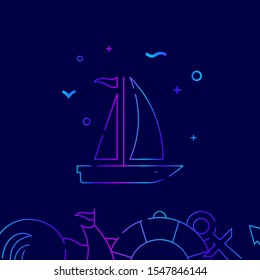Sailing yacht, sailboat vector gradient line icon, illustration, symbol or pictogram, sign. Dark blue background. Related bottom border.