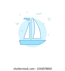 Sailing yacht, sailboat vector icon. Flat illustration. Filled line style. Blue monochrome design. Editable stroke. Adjust line weight.