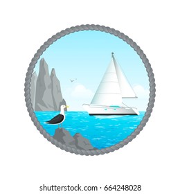 Sailing yacht sails by the rocky shore, gull on the rocks, stylized under the rope round frame