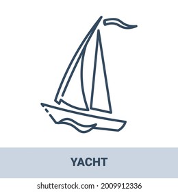 Sailing yacht with sails in the ocean outline monochrome icon with title. Concept of travel, summer vacation and rest. Vector monochrome illustrations isolated on white background.