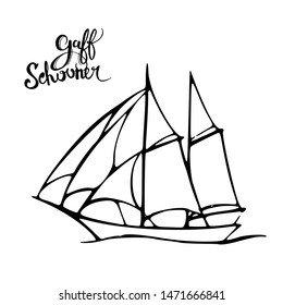 Sailing yacht in the sea icon. Line doodle sketch. Editable stroke icon with lettering Guff schooner. Type of sailboat