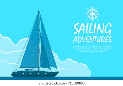 Sailing yacht in the sea. Landscape with luxury yacht on huge blue cloudy sky background. Vector illustration.