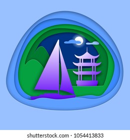 Sailing yacht at sea with pagoda near mountain. Tourist card illustration in paper cut style.