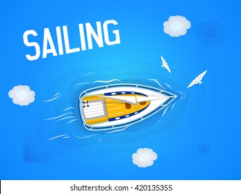 Sailing. Yacht in the sea. Top view through the clouds on a white yacht sailing, floating on the waves of the sea. Vector illustration