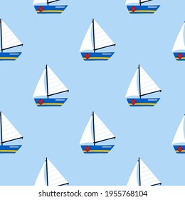 Sailing yacht seamless pattern. Cartoon hand drawn colorful sail childish collection, water transport on blue background. Kids decor textile, wrapping paper, wallpaper vector print or fabric