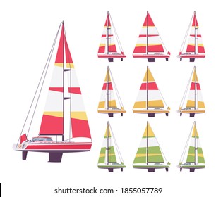 Sailing yacht set, sport, cruising, racing vessel with striped sail. Watercraft to enjoy wave speed and freedom in sea, ocean navigation hobby. Vector flat style cartoon illustration, different views