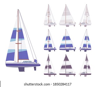 Juego de veleros, embarcación de recreo, crucero o carreras. Nave para disfrutar de la velocidad de las olas y la libertad en el mar, hobby de navegación oceánica. Ilustración de dibujos animados de estilo plano vectorial, diferentes vistas