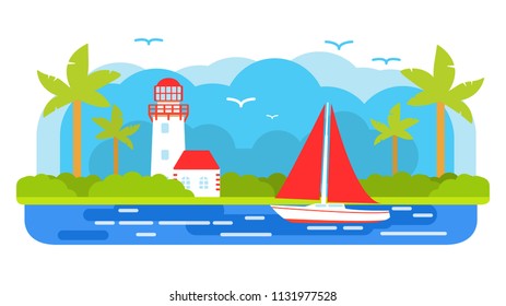 Sailing yacht ship.Lighthouse tower.Navigation beacon.Tropical island of a palm tree landscape.Flat vector. Banner concept.