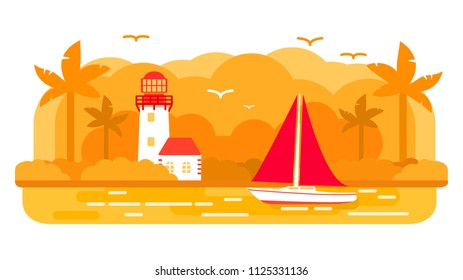 Sailing yacht ship.Summer marine travel.Lighthouse tower.Navigation beacon.Tropical island of a palm tree landscape. Sea voyage.Flat vector. Banner concept.