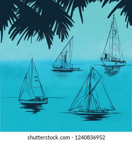 Sailing yacht sketch vector of sea yachts.  A set of boats vectors hand drawn sketch. Hand sketch of sailing yachts regatta racing in the sea. 