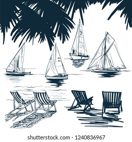 Sailing yacht sketch vector of sea yachts.  A set of boats vectors hand drawn sketch. Hand sketch of sailing yachts regatta racing in the sea. 