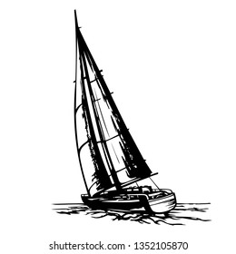 Sailing yacht stylized vector in retro style. Line art black illustration.  Isolated vector illustration.