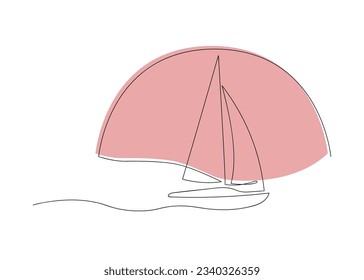 Sailing yacht with sun and wave drawn in one continuous line. One line drawing, minimalism. Vector illustration.