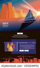 A sailing yacht at sunset sails along the city embankment. Vector banner