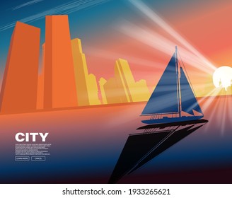  A sailing yacht at sunset sails along the city's waterfront banner with parallax. Vector banner