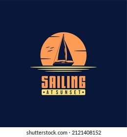 Sailing Yacht at Sunset or Sunrise Silhouette Logo design inspiration