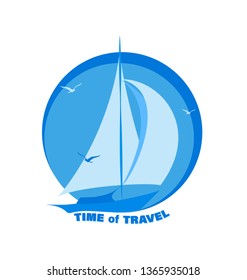 Sailing yacht. TIME TRAVEL. Emblem, logo, sticker. Sailboat and seagulls. Design for printing on fabric or paper.Vector illustration isolated on a white background
