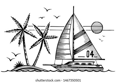 Sailing yacht and tropical island with palm trees in the sea sketch vector. Ship, sun, Sea ​​gulls.