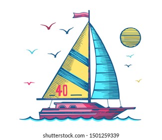 Sailing yacht vector colored sketch. A boat with a flag floating on the waves. Sun and sea gulls on a white background.