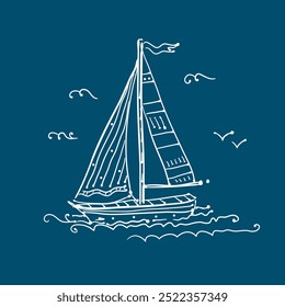 Sailing yacht, vector drawing. Illustration of the floating yacht, seascape, and ocean waves on the sea.