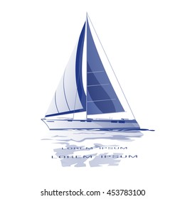 Sailing yacht vector icon blue isolated with reflection