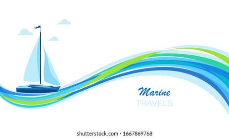 Sailing yacht. Vector poster with yachts on the sea wave and place for text. Transport, leisure, party, travel, tourism, symbol. Vector illustration isolated on a white background.