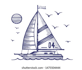 Sailing yacht vector sketch. A boat with a flag floating on the waves. Sun and sea gulls on a white background.