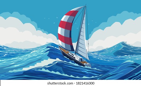 Sailing yacht with white and red sails in the open ocean. The ship is fighting the sea element. Chic sailing ship on waves. Luxurious yacht race, banner illustration of sea sailing regatta. EPS 10
