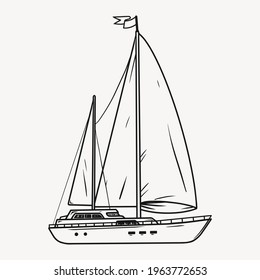 Sailing yacht with white sails in monochrome style. Illustration chic sailing ship. Yacht race, illustration of sea sailing regatta. Isolated vector