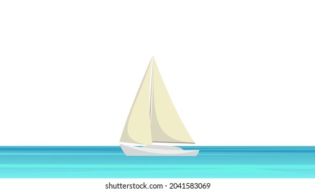 Sailing yacht. White single masted vessel with classic hull lines. Calm blue sea. View from afar. Isolated on white background. Flat style. Vector