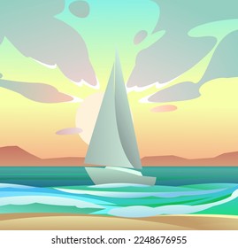 Sailing yacht white. Small sea vessel. Rides on waves. Quiet weather. Cartoon fun style. Flat design. Vector