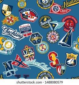 Sailing and yachting nautical badges collection vector seamless pattern