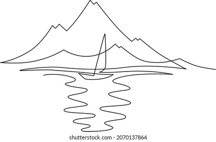 Vela en yates sobre el telón de fondo de las montañas. Dibujo continuo de líneas. Ilustración vectorial. Aislado sobre fondo blanco 