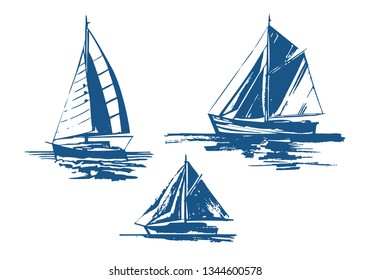 Sailing yachts bundle hand-drawn ink sketch. Set of vector ships