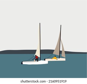 Sailing yachts in the wind through the waves at the sea.. Vector illustration. Nautical worldwide yachting or traveling.