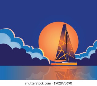 Yates de vela en un paisaje de atardecer nublado.
