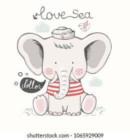 Sailior Elephant.cartoon hand drawn vector illustration. Can be used for baby t-shirt print, fashion print design, kids wear, baby shower celebration greeting and invitation card.