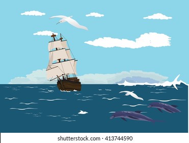 Sailng ship with white sails on ocean wave