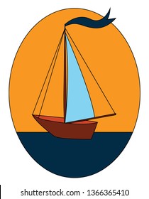 Sailnig boat with blue flag on blue water vector illustration in blue and yellow eclips  on white background