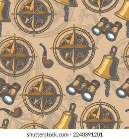 Sailor adventure colorful pattern seamless with compass and binoculars in wooden case with tobacco pipe or ship bell vector illustration