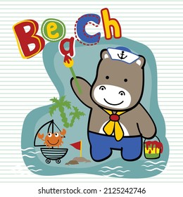 sailor bear in the beach funny animal cartoon