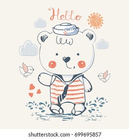 Sailor bear, hand drawn vector illustration/ can be used for kid's or baby's shirt design/ fashion print design/ fashion graphic,t-shirt,kids wear