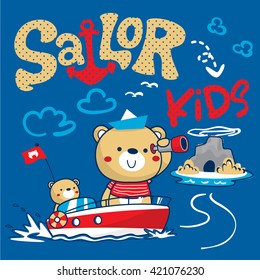 Sailor bear and his brother finding treasure near small island illustration vector.