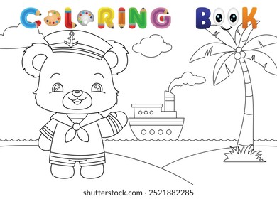 Sailor bear and ship at sea coloring book page for kids. Vector illustration