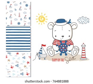 Sailor bear. Surface design and 3 seamless patterns. Graphic for kid's clothing. Use for print, t shirt  template, fashion wear