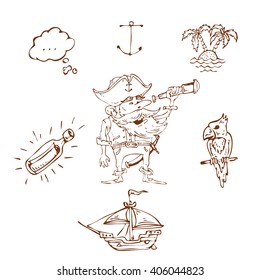 Sailor with the beard looks through a telescope. Vector set of illustrations on a pirate theme. Doodle set illustration